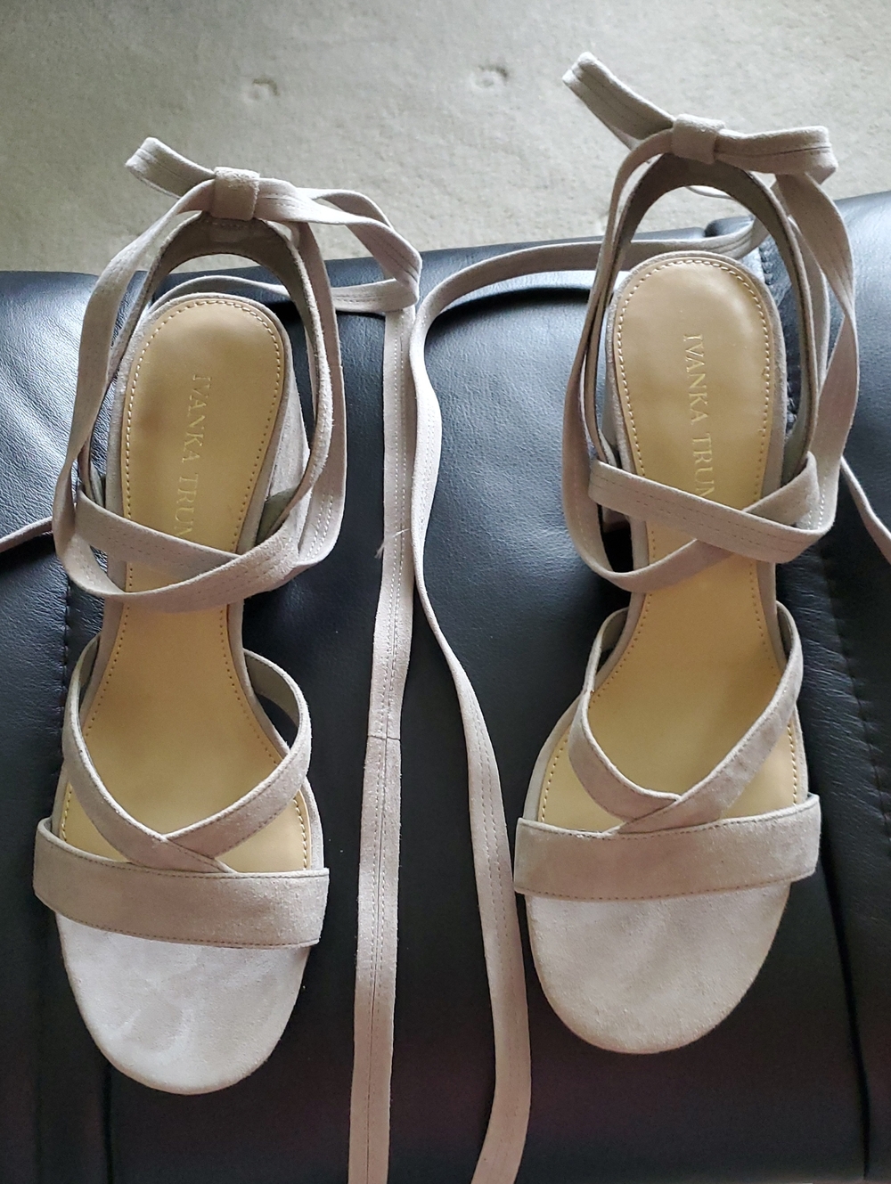 Ivanka Trump Light Cream Lace-Up Block Heel Sandals